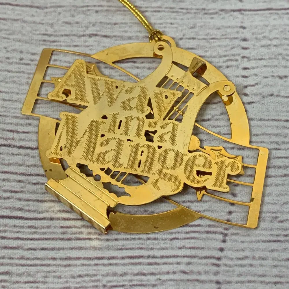 Vintage 1988 Hallmark Brass Trims Away In A Manger Christmas Ornament 3D Layered